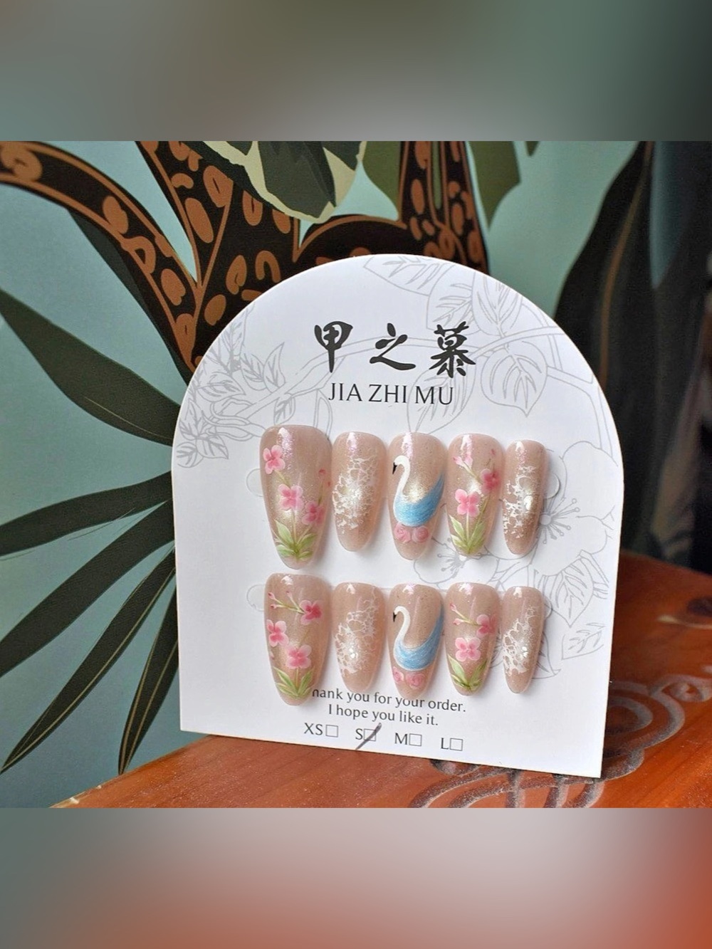 JIA ZHI MU Swan Floral 3D Press-On Nails Size Small 2.5 Length